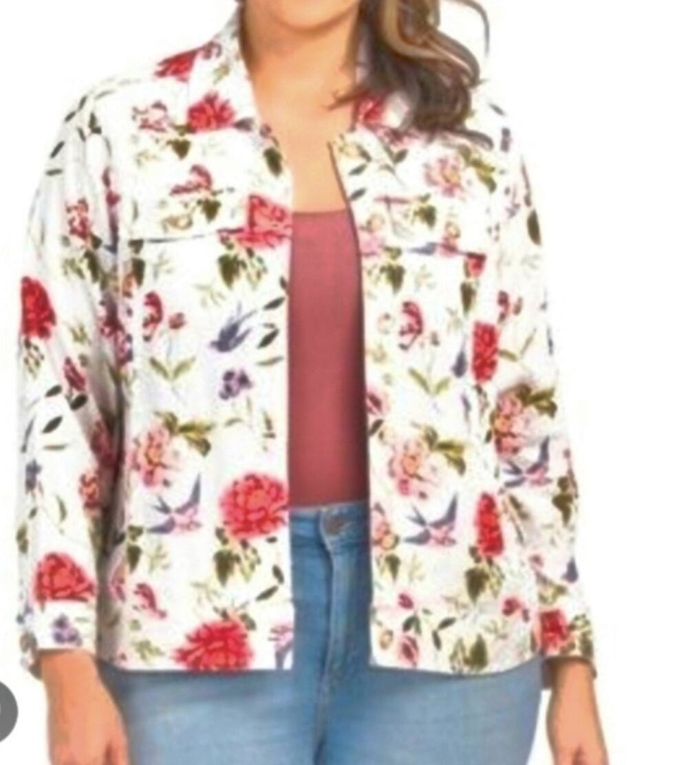Tahari Womens White Floral Linen Blend Shirt Jacket Cottagecore Brunch Size 2X
